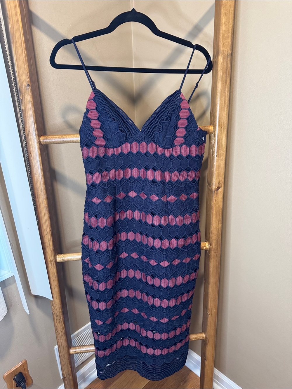 Bardot Navy and Dusty Rose Crochet Midi Dress
